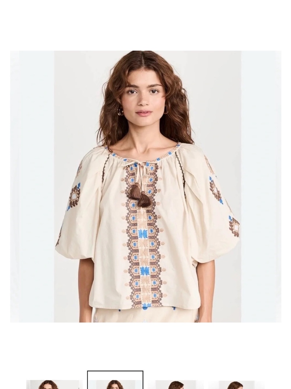 Cream Embroidered Peasant Blouse with Blue Accents